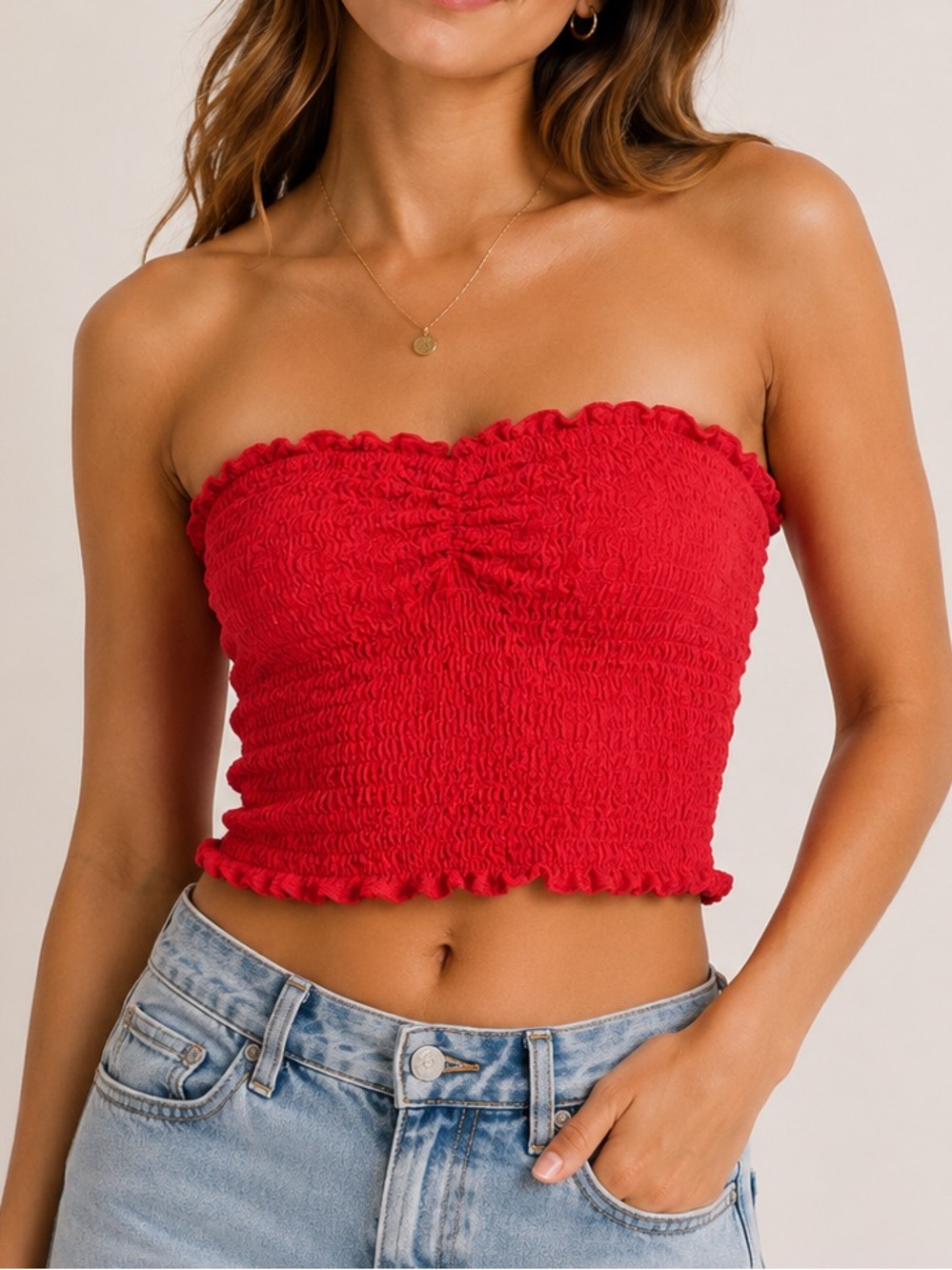 Urban Outfitters Strapless Tube Crop Top Red Ruffle Hem Stretch Size Medium